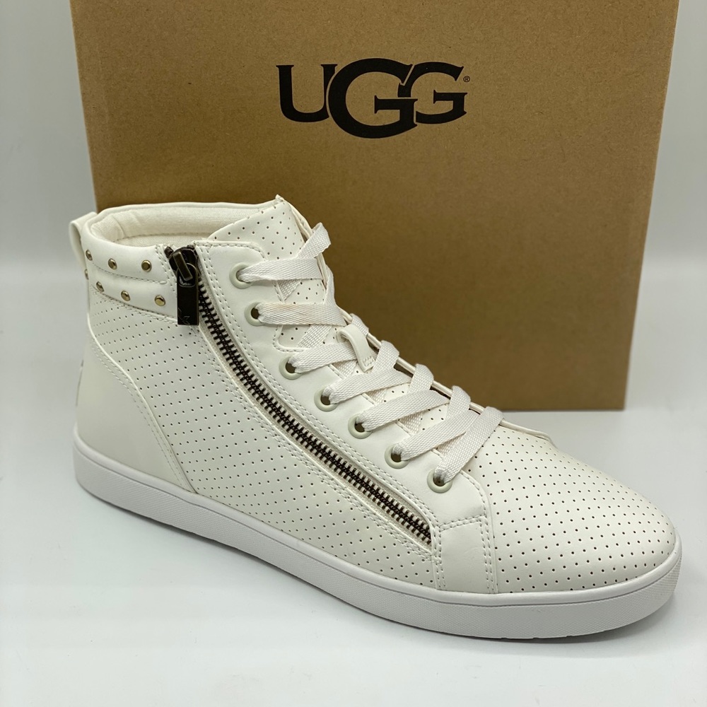 UGG White High-Top Sneakers with Perforated Leather